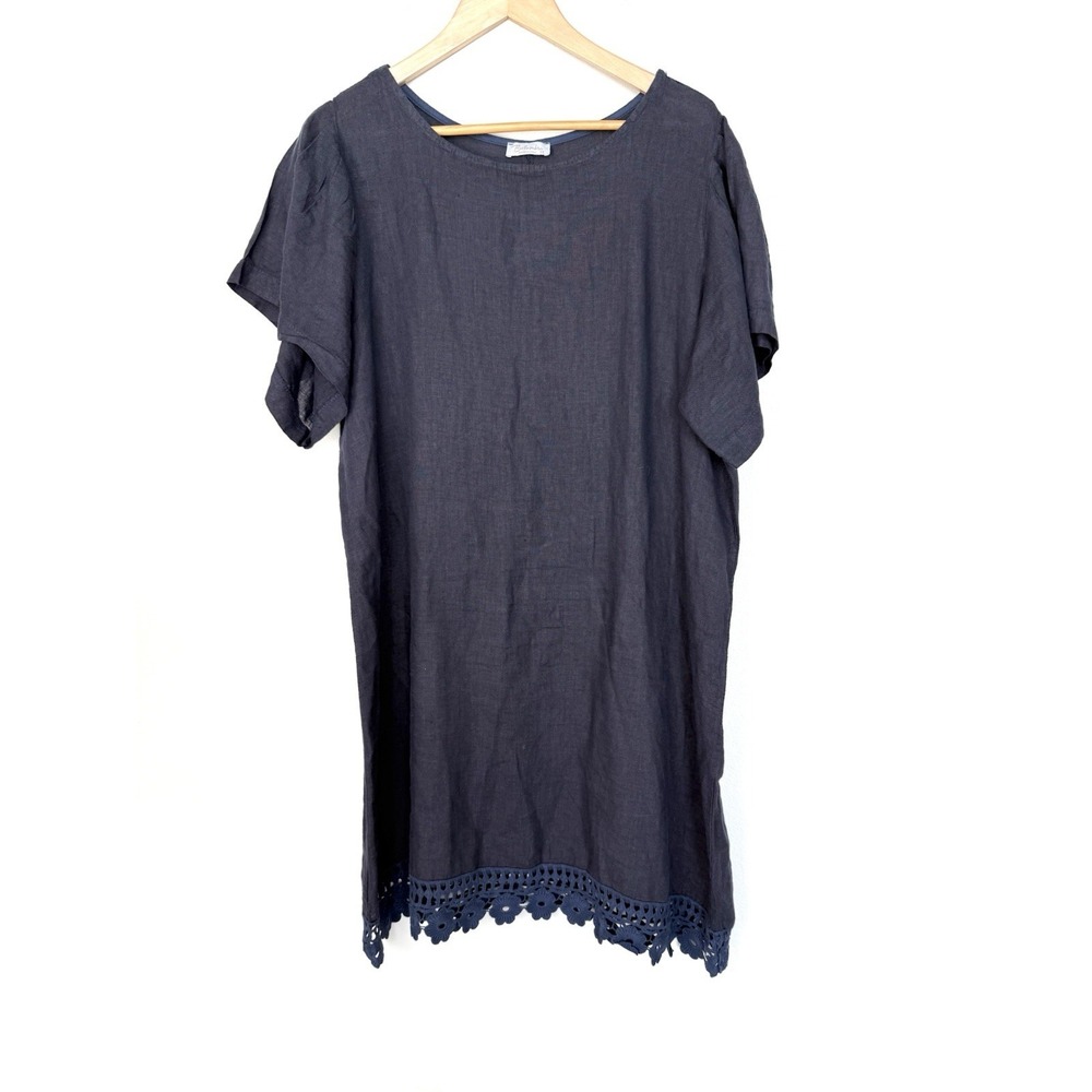 Bellambra Linen Dress Womens 1X Lagenlook Travel Vacation Beach Navy Blue Lace